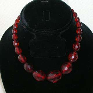 Antique Vintage Sterling Faceted Cherry Amber Bakelite Bead Necklace 