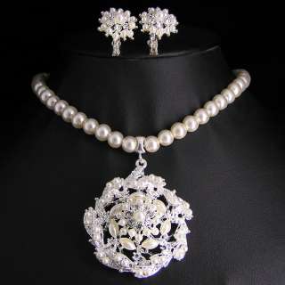 Wedding Bridal pearl &crystal necklace earring set S302  