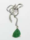 14k Solid White Gold Open Bow with Dangling Green Jade 