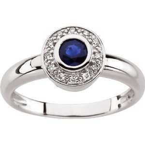  14 Karat White Gold Round Blue Sapphire & Diamond Ring 