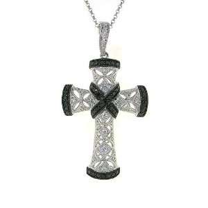  14k Gold White and Black Diamond Cross Pendant Necklace Jewelry