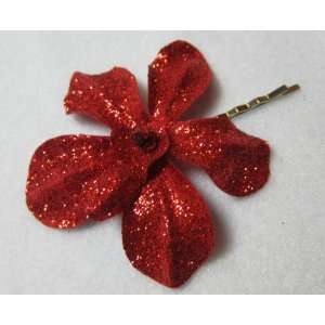  Small Red Glitter Orchid Flower Hair Clip Beauty