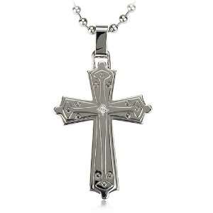  Mens Ornate, Diamond Cross Necklace in Stainless Steel Jewelry