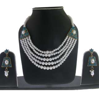 FOUX PEARL 5 STRAND WHITE & TURQUOISE CZ NECKLACE EARRINGS SET ( GOLD 