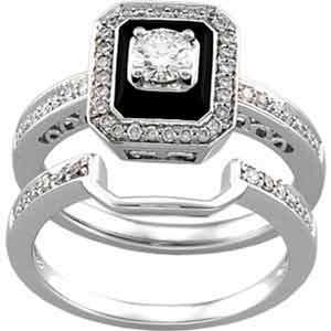 14K White Gold Antique Inspired Emerald Cut Black Onyx Diamond Wedding 