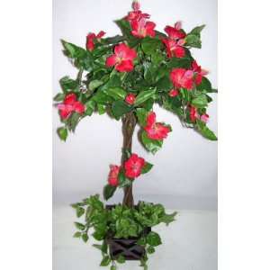  3 Silk Hibiscus Topiary Tree Red