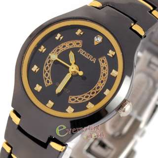 Trendy Black Steel Womens Lady Gold Quartz Wrist Watch Dress Bracelet 