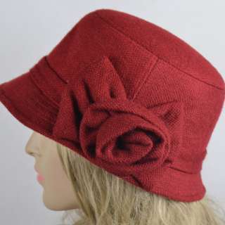   Women Warm Wool Felt Cloche Bucket Winter Hat With Flower  