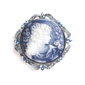    Blue Austrian Rhinestone Lady Cameo Silver Tone Brooch Pin Jewelry