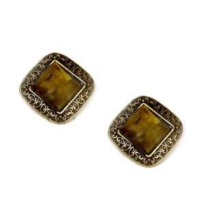   Earrings ; 1 Diameter; Antique Gold Metal with Brown Stone Jewelry