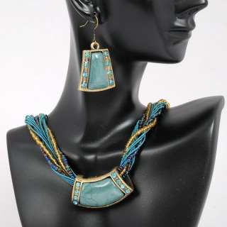 Bronze Beads Chain Blue Stone Earrings Necklace Sets  