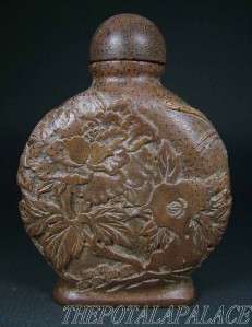   Root Made Snuff Bottle PEONY FLOWER & CHRYSANTHEMUM INCISED  