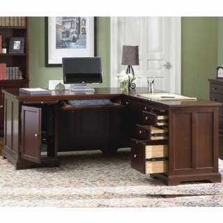 Shaped Office Desk w/ Return & File Cabinet Wood Cherry Finish 