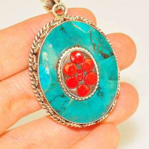 Sterling Silver TURQUOISE RED CORAL Oval Pendant  