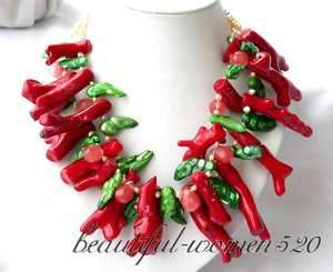 2row baroque green pearl red coral bosk necklace  