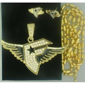   STARS AND STRAPS WINGS GOLD CHAIN+CHARM+EARRING 