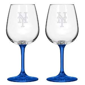   Mets Wine Glasses Etched NY Mets Logo with Blue Stem