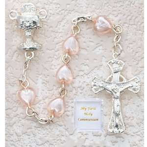 Girls Childrens First Communion Rosary with Chalice Centerpiece Pink 