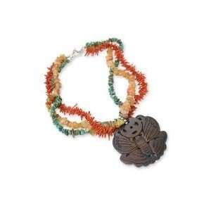   Coral & Carnelian Necklace with Carved Stone Pendant  16 IN Jewelry