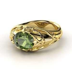   Hearts Crown Ring, Oval Green Tourmaline 14K Yellow Gold Ring Jewelry