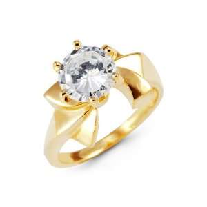    Ladies 14k Yellow Gold Round CZ Solitaire Crown Ring Jewelry