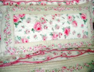Shabby PINK ROSES on Pale Yellow 11 PC RUFFLED Cotton Queen Chic QUILT 