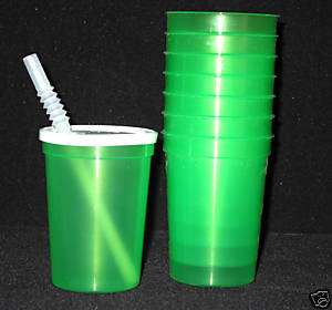 12 GREEN TRANSLUCENT PLASTIC DRINKING GLASSES LID STRAW  