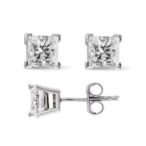 com Princess Cut Diamond Stud Earrings (Screw Backing) 1.00 carats, D 