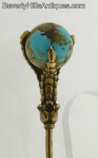 Rare Antique 14k Gold Stick Pin With an Eagle Claw Holding a Turquoise 