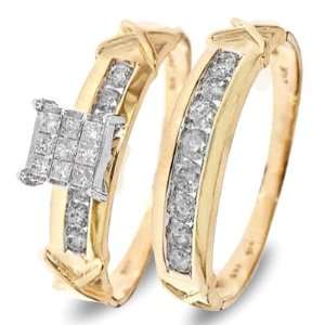 , Princess Cut Diamond Wedding Band Set 14K Yellow Gold   Two Rings 