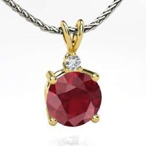   Solitaire Pendant, Round Ruby 18K Yellow Gold Necklace with Diamond
