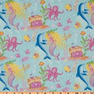44 Wide Mermaid Wishes Dancing Dolphins Blue Fabric By The Yard