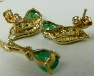 natural Emerald diamond Gemstone Pendant & Earrings 14K Gold  