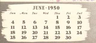 page with full month calendar bottom left for june 1950