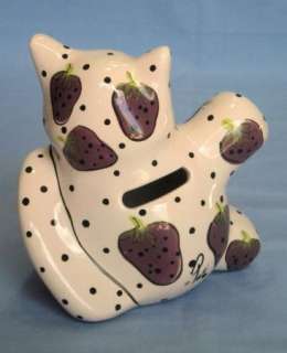 CERAMIC SPOTTED STRAWBERRY KITTY CAT BANK BY PATI  