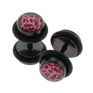 Black Titanium Anodized Fake Plugs with Pink Cheetah Design and O 