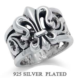 925 Silver Plated Brass FLEUR DE LIS w/ TRIBAL TATTOO Mens Ring 