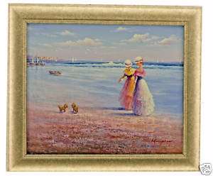 Victorian Ladies Walking Dogs Beach Shore Art FRAMED OIL PAINTING 