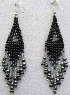 Beaded Earrings Czech Glass Black Silver Long  
