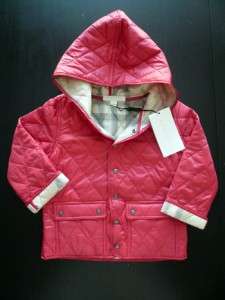 NWT Auth. Burberry Pink Girl Quilted Check Trim Hooded Jacket Coat Sz 