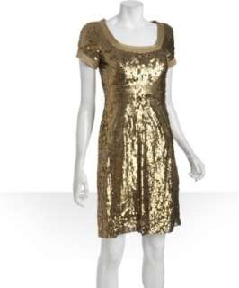 Badgley Mischka Platinum Label gold sequined tulle short sleeve dress 