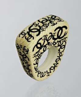 Chanel beige logo printed wooden cocktail ring  