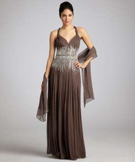 Mignon sable silk chiffon embellished pleated gown with shawl