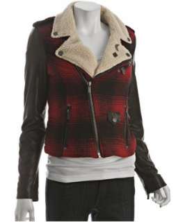 William Rast red wool blend plaid leather sleeve jacket   up 