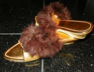 VINTAGE GOLD METALLIC MARABOU FUR SLIPPERS sz 7  