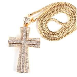   Out Large Gold 3D Cross Pendant with a 36 Inch Franco Necklace Chain