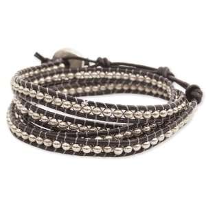  Silver Bead & Black Leather Cord Wrap Bracelet Metal 