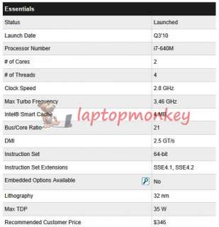 INTEL mobile i7 640M 3.46GHZ   faster than 620M sale  