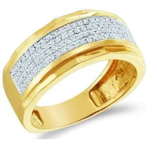    10   10k Yellow Gold Wide Four 4 Row Micro Pave Set Round Cut Mens 