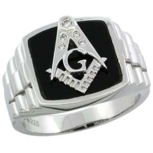  Sterling Silver Mens Black Onyx Masonic Ring w/ CZ Stones & Rolex 